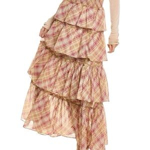Free People Layered Tiered Maxi Long Gingham Plaid Skirt in Pink and Cream